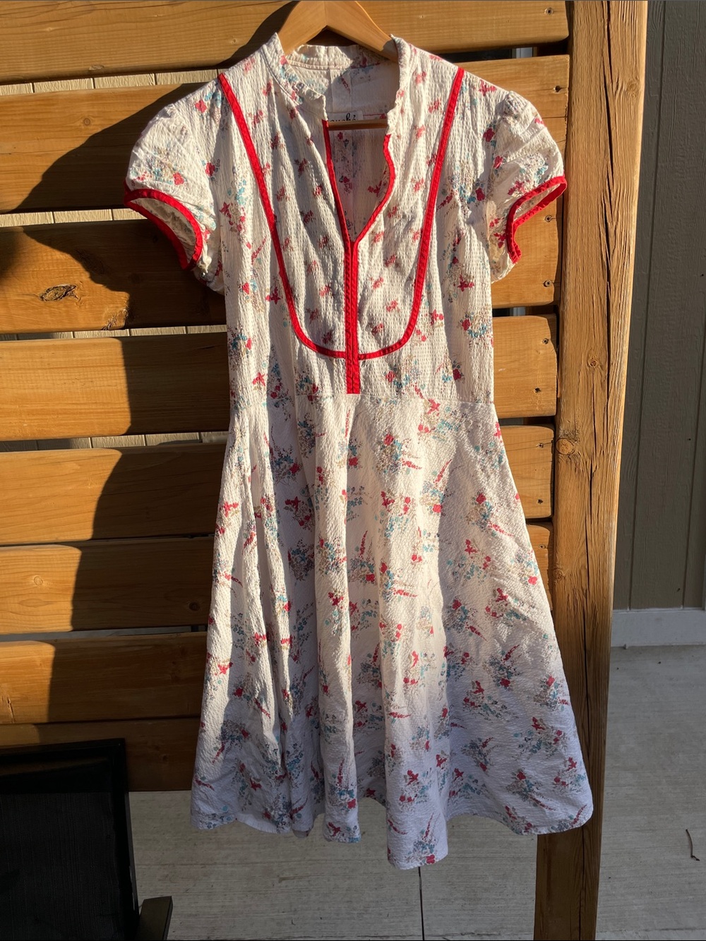 Vintage Touché White Floral Midi Dress with Red Trim size 6-8